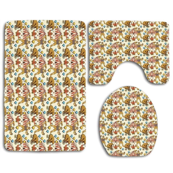 GOHAO Circus Sketch Circles in Vintage Style Bear Rigdding on a Bicycle Strongman 3 Piece Bathroom Rugs Set Bath Rug Contour Mat and Toilet Lid Cover