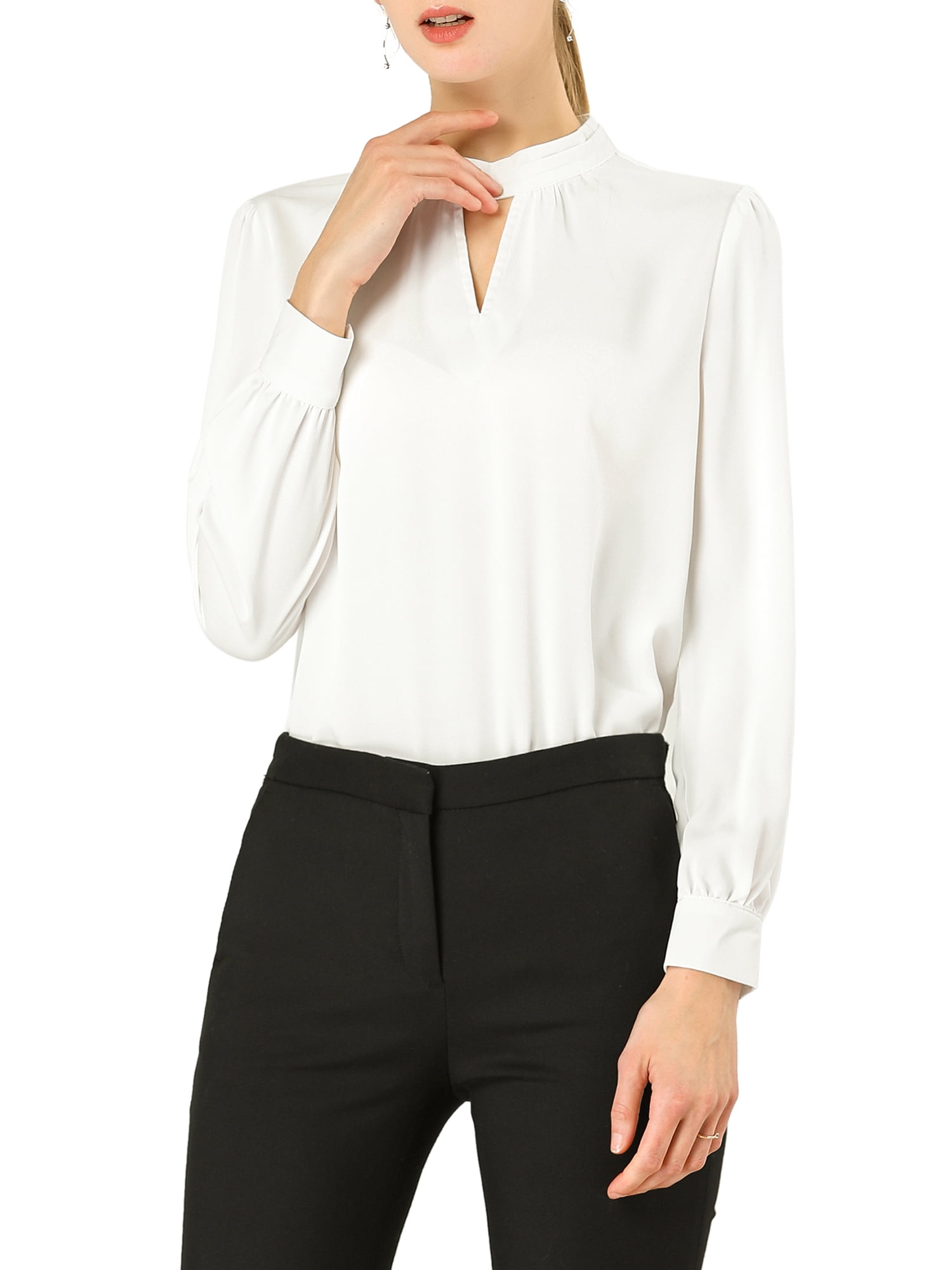 DARING DIVA Women's Stand Collar Long Sleeve Office Blouse M White