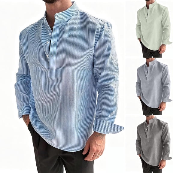 Daiosportswear Lightweight Seersucker Textured Striped Stand Collar Top, Roll Cuff Breathable Summer Casual Long Sleeve for Men Sky Blue XL