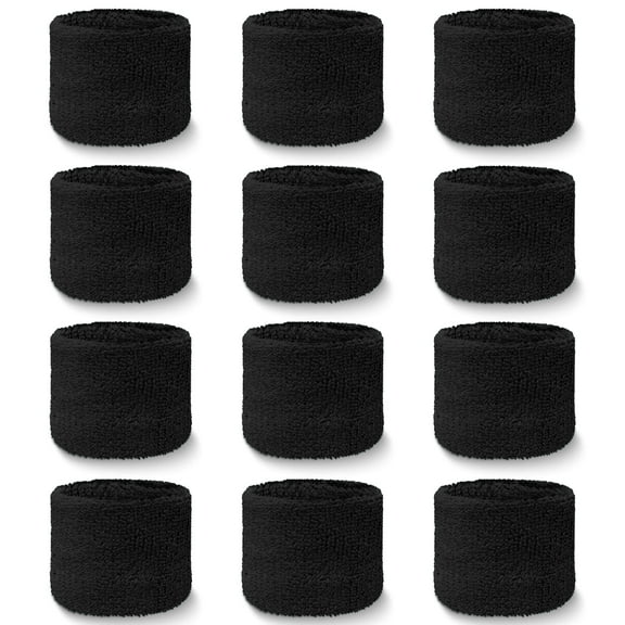 COUVER Youth Wrist Sweatbands Sports Athletic Cotton Terry Cloth, Black, Set of 12