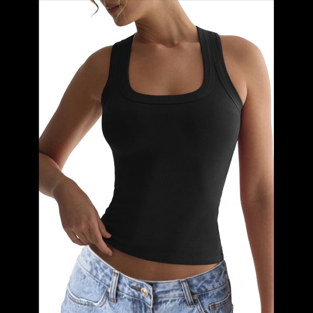Camisola Básica Sin Mangas con Cuello Cuadrado Acanalado para Mujer, Camisola de Verano 2025 Negro M