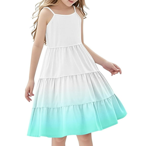 Efsteb Summer Dress for Girls Spaghetti Strap Dresses for Girls Casual Sleeveless Ruffle Tiered Sundress (Mint Green,13 Years)