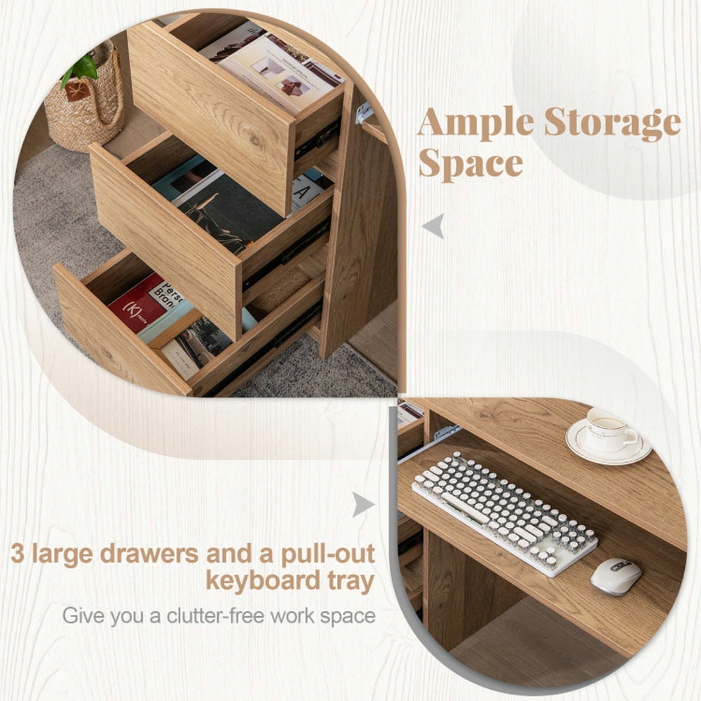 Barara King Writing Desk,Writing Workstation, Computer Desk with Power Outlet Keyboard Tray and 3 Large Drawers-Natural