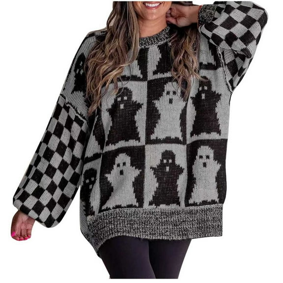 WREESH Fashion Pullover Women's Halloween Round Neck Long Sleeved Loose Sweater Top Sweater Black