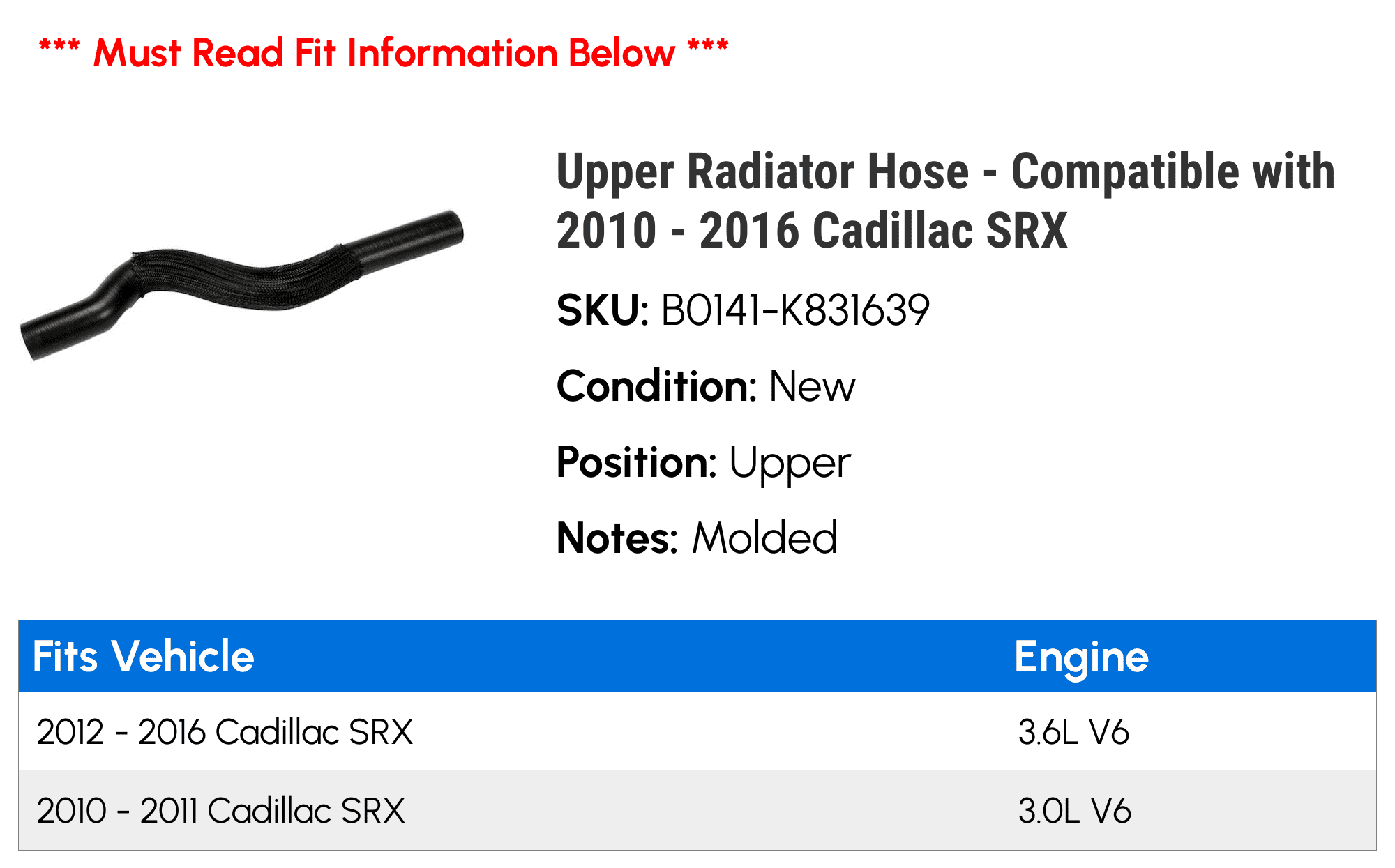 Upper Radiator Hose - Compatible with 2010 - 2016 Cadillac SRX 2011 2012 2013 2014 2015