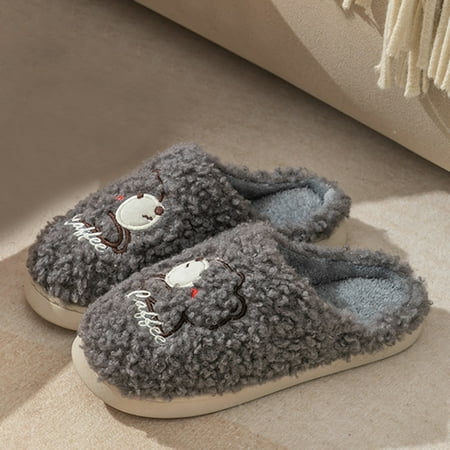 

uikmnh Warm Slippers Couple Men s Winter Indoor Home Plus Velvet Warm Thick Bottom Non Slip Cotton Slippers 9.5