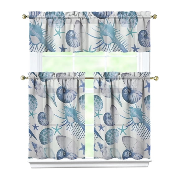 Mermaid Nautical Curtains Set Starfish Coral Tropical Beach Ocean Summer Fish Marine Creatures Seahorse Anchor Sand Vintage Seaside Seashells Sea Print Tier and Valance Rod Pocket Curtain Set