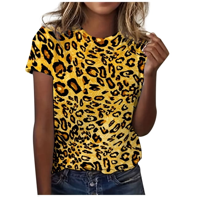 UANWENN T-Shirt à Col Rond Décontracté pour Femmes, Classique Polyvalent, Quotidien, à Manches Courtes, Uni, à Rayures, Léopard Camouflage, à Blocs de Couleur, 2 T-Shirts Superposables pour Femmes, Paquet Court, Vêtement, Chemise, Jolis Hauts pour Femmes Été