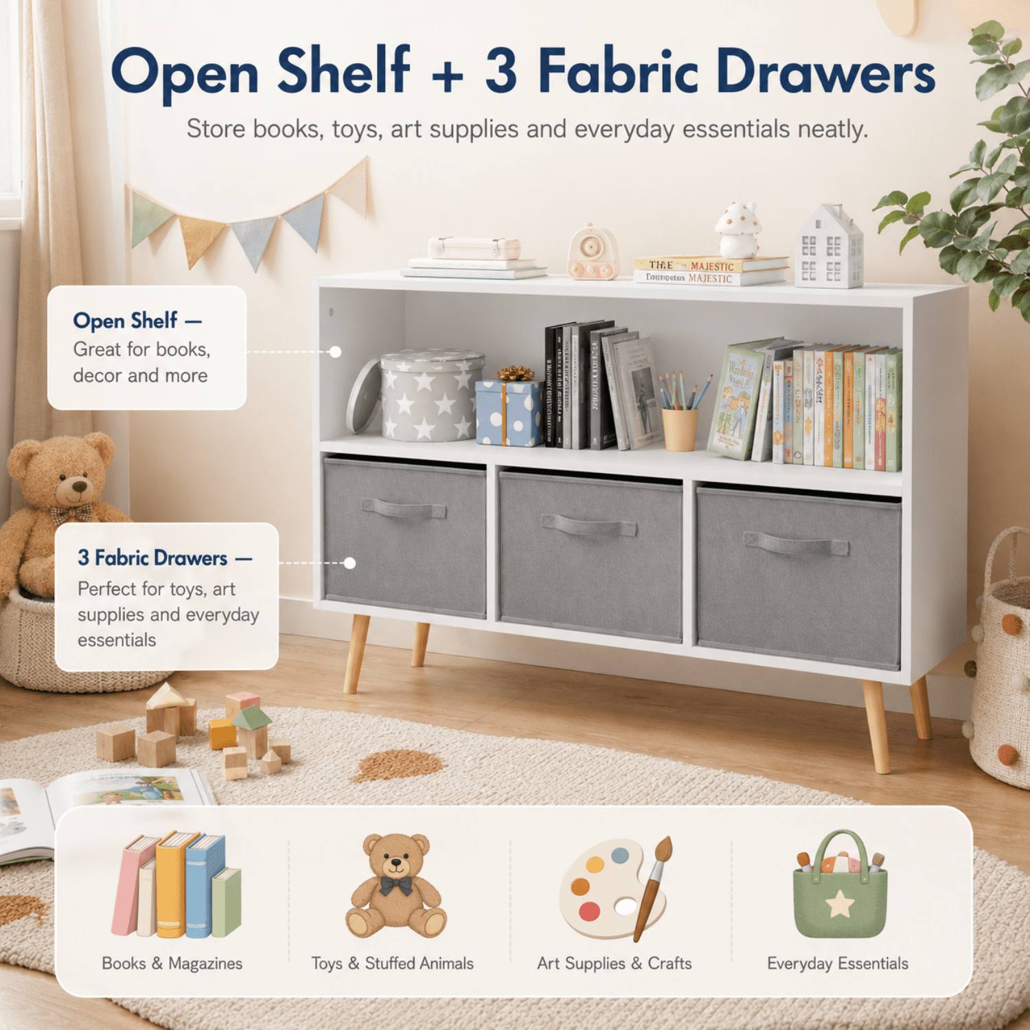 Miniyam Kids Bookcase with Storage Bins, 3 Fabric Drawers, Wooden Toy Organizer for Kids Room, Gray