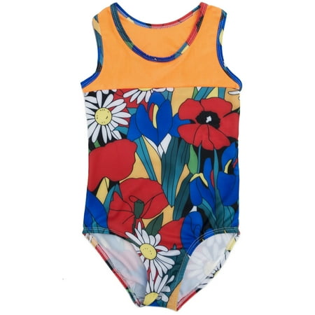 Wenchoice Girls Orange Multi Flower Print T-Back Sleeveless Leotard