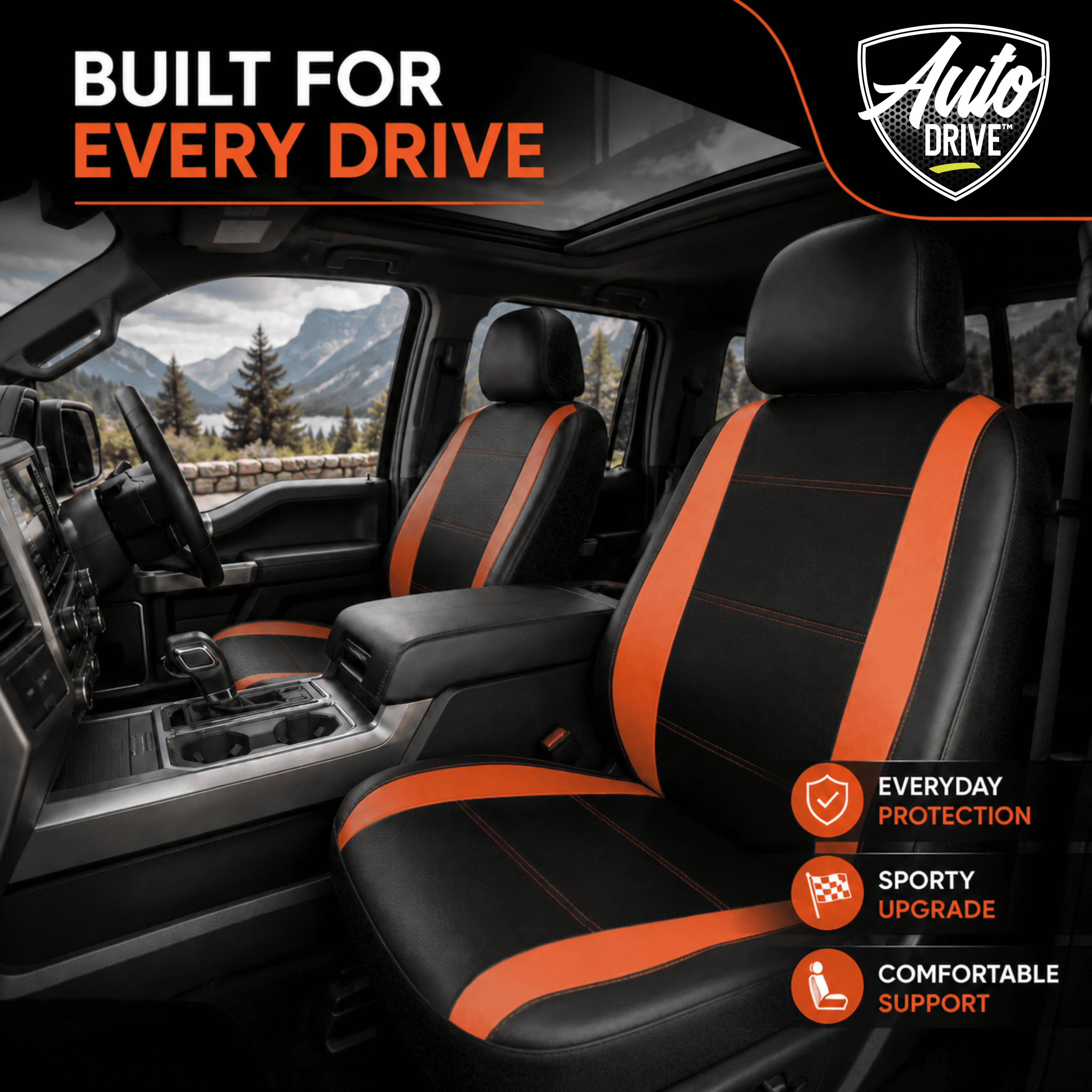 Auto Drive Car Seat Covers, Two-Tone Fabric Front Seat Protector, Breathable Comfortable, Anti-Slip Airbag Compatible Universal Fit for Cars SUVs Trucks,Orange