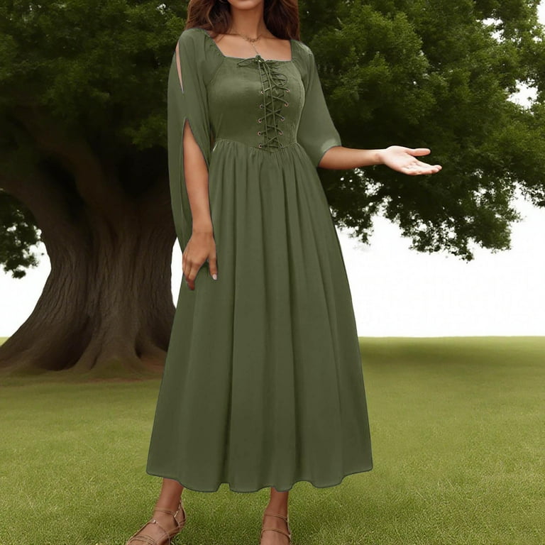 Miluxas Womens Lace up Dress Women Costume Split Bell Sleeve Double Layered High  Low Dress Army Green S(S) - Walmart.com