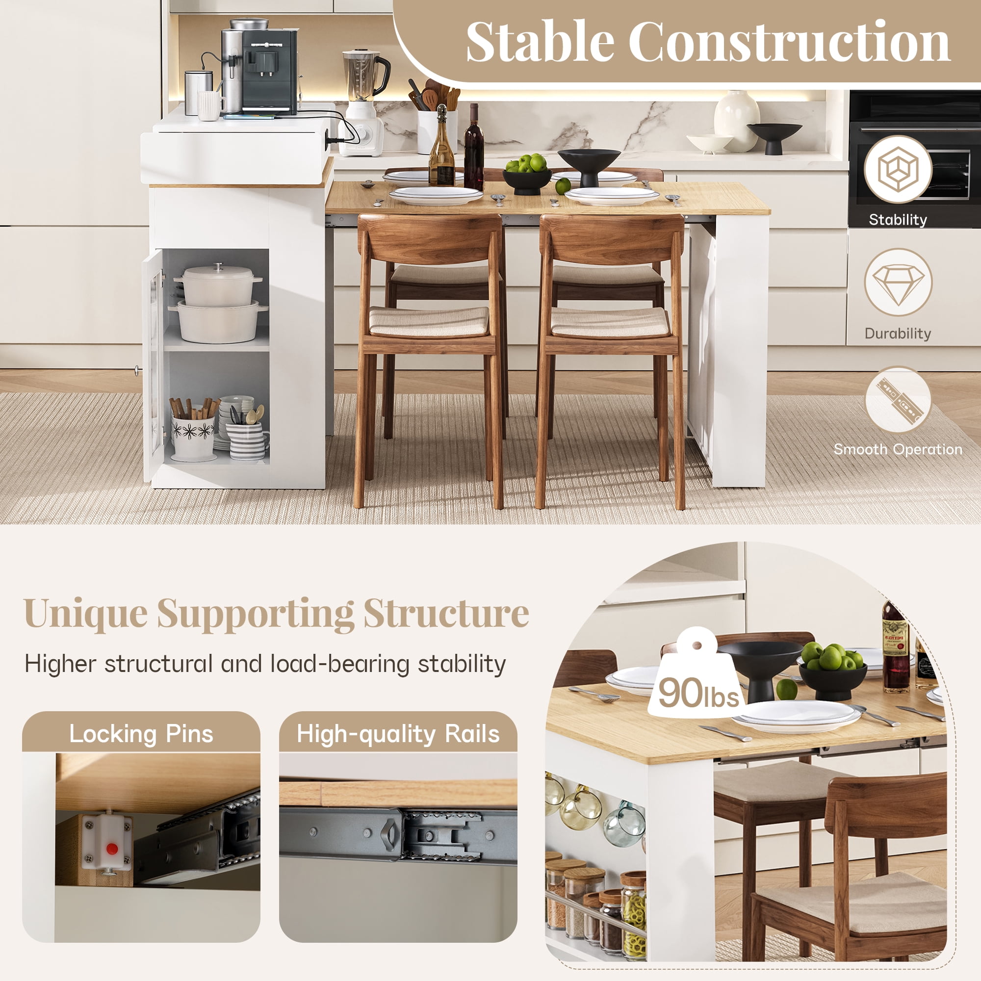 Noble HouseHORIZON Extendable Dining Table with Folding Tabletop, Bar Table with Drawers and Power Outlet(Natural+Creamy White)