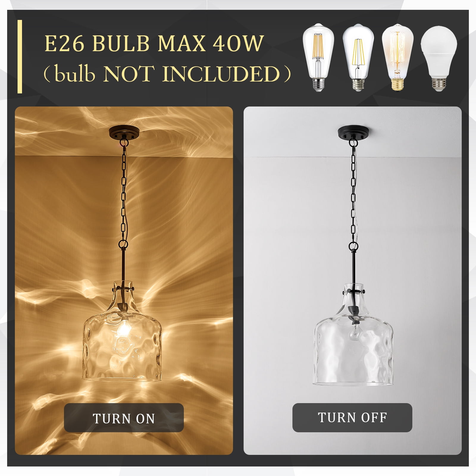 Extra Large 16" Vintage Farmhouse Pendant Light – Hand-Blown Clear Hammered Glass Shade, Adjustable Chain Hanging Light for Kitchen Island, Hallway, Dining Room, Chrome
