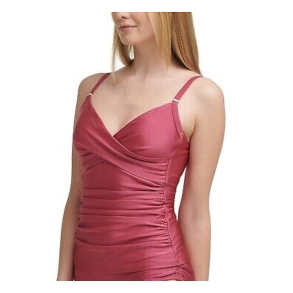 CALVIN KLEIN Women's Pink Stretch Tummy Control Ruched Lined Adjustable Fixed Cups Surplice Tankini Swimsuit Top S