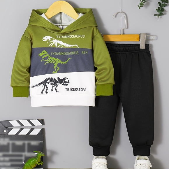Boys Hooded Dinosaur Print Long Sleeve Top and Pants Two Piece Outfit for Toddler Winter Fall 2t Boys Outfits Baby Boy Set Designer Kids Clothes 6 Month Old Baby Boy Clothes Set Boys 5 Month Old