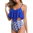 thumbnail image 3 of ZECATL Women High Waisted Bikini Ruffle Swimsuit Flounce Pom Pom Trim Two Piece Bathing Suit Blue Rhombic (M, 3 of 6