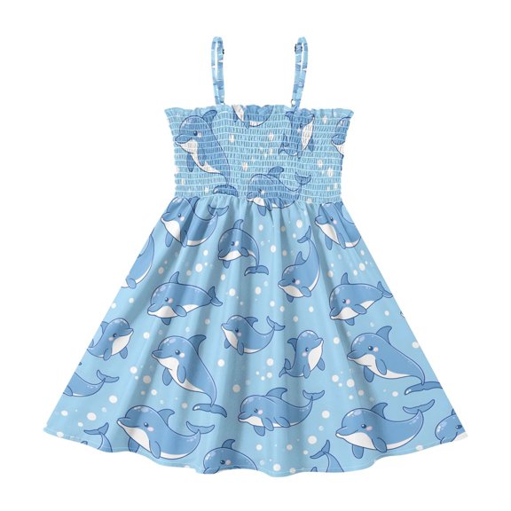Summer Spaghetti Strap Cute Dolphin A Line Dress Casual Sleeveless Cami Sundress for Size 2-8 Years