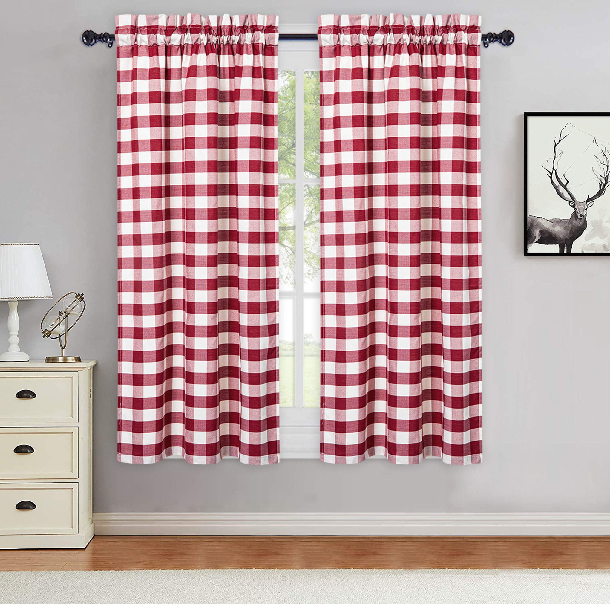 Buffalo Check Plaid Curtains 45in Long, Red/White, Set of 2, Yarn Dyed