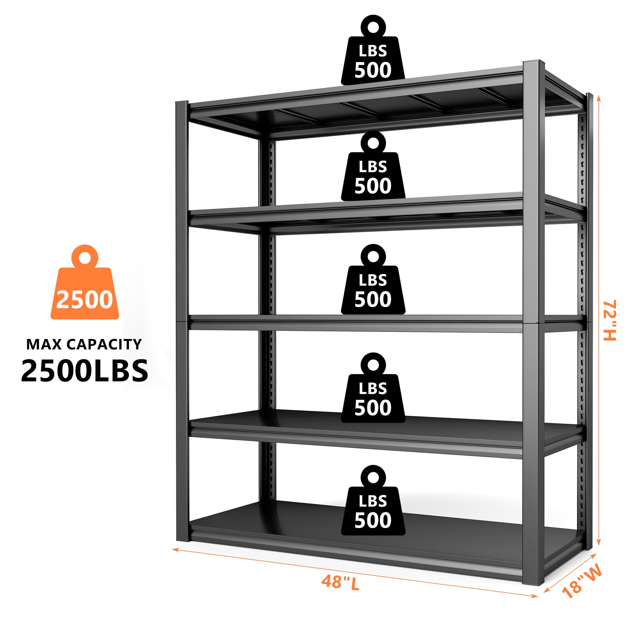 REIBII 48''W Garage Shelving 2500LBS Heavy Duty Storage Shelves Metal Shelving Adjustable 5 Tier Metal Shelves for Storage Rack Industrial Shelving Utility Shelf,48''W X 72''H X18''D