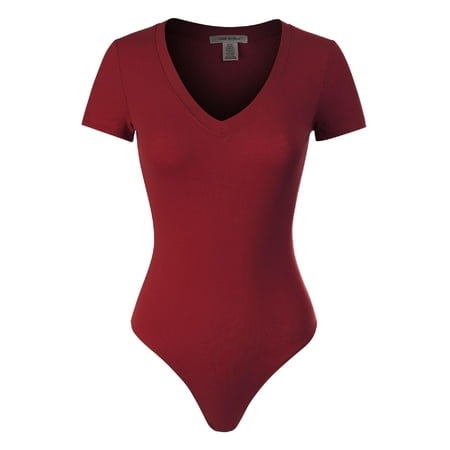 Made by Olivia Women's Classic Casual Solid Bodycon Leotard Bodysuit Jumpsuits Burgundy M