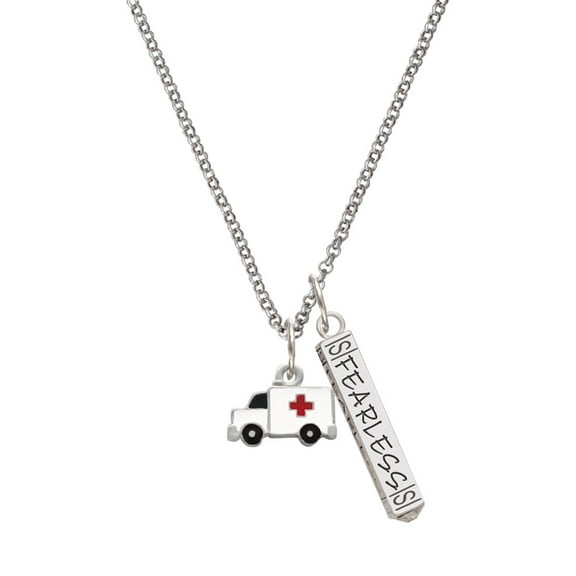Delight Jewelry Silvertone Ambulance with Cross Silvertone Fearless Bar Charm Necklace, 23"