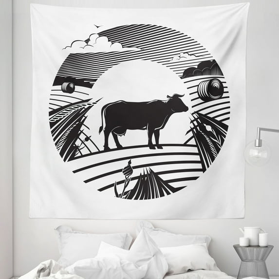 Cattle Tapestry, Rural Landscape with a Cow Standing on Field Under Cloudy Sky Digital Image, Fabric Wall Hanging Decor for Bedroom Living Room Dorm, 5 Sizes, Black and White, by Ambesonne