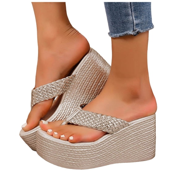 Rokment Womens Metallic Orthopedic Platform Wedge Flip Flops Dress Sandals 2026 Summer Beach Fashion Leather Chunky High Heels Slip on Casual Heeled Dress Thongs Slides Gold Size 6.5