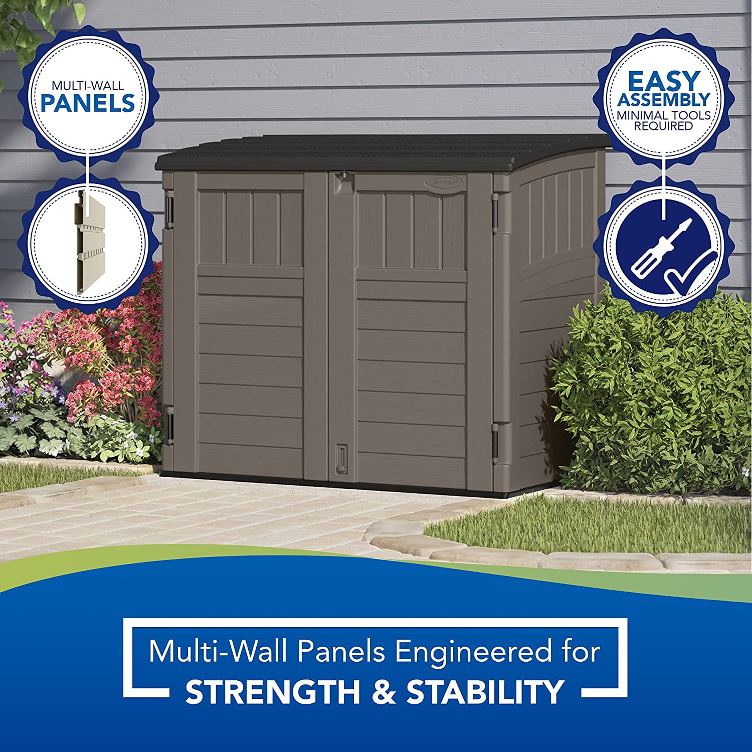 Suncast Modernist Horizontal Low-Profile Storage Shed, Resin, 3 Doors, Garden, 4' x 2.5', Gray, 1 Count, 1 Pack