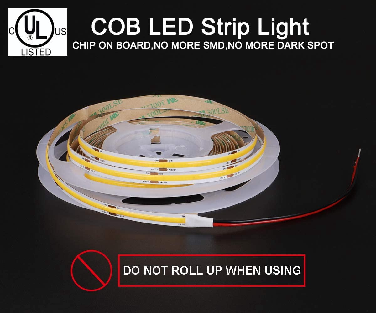 UL-Listed COB LED Strip Lights, 5m/16.4ft Flexible, Warm White 3000K 5500Lm CRI 80+, 528LEDs/M LED Tape Light , DC24V led Rope Lights for Stage, Home, Cabinet, Kitchen, DIY Lighting