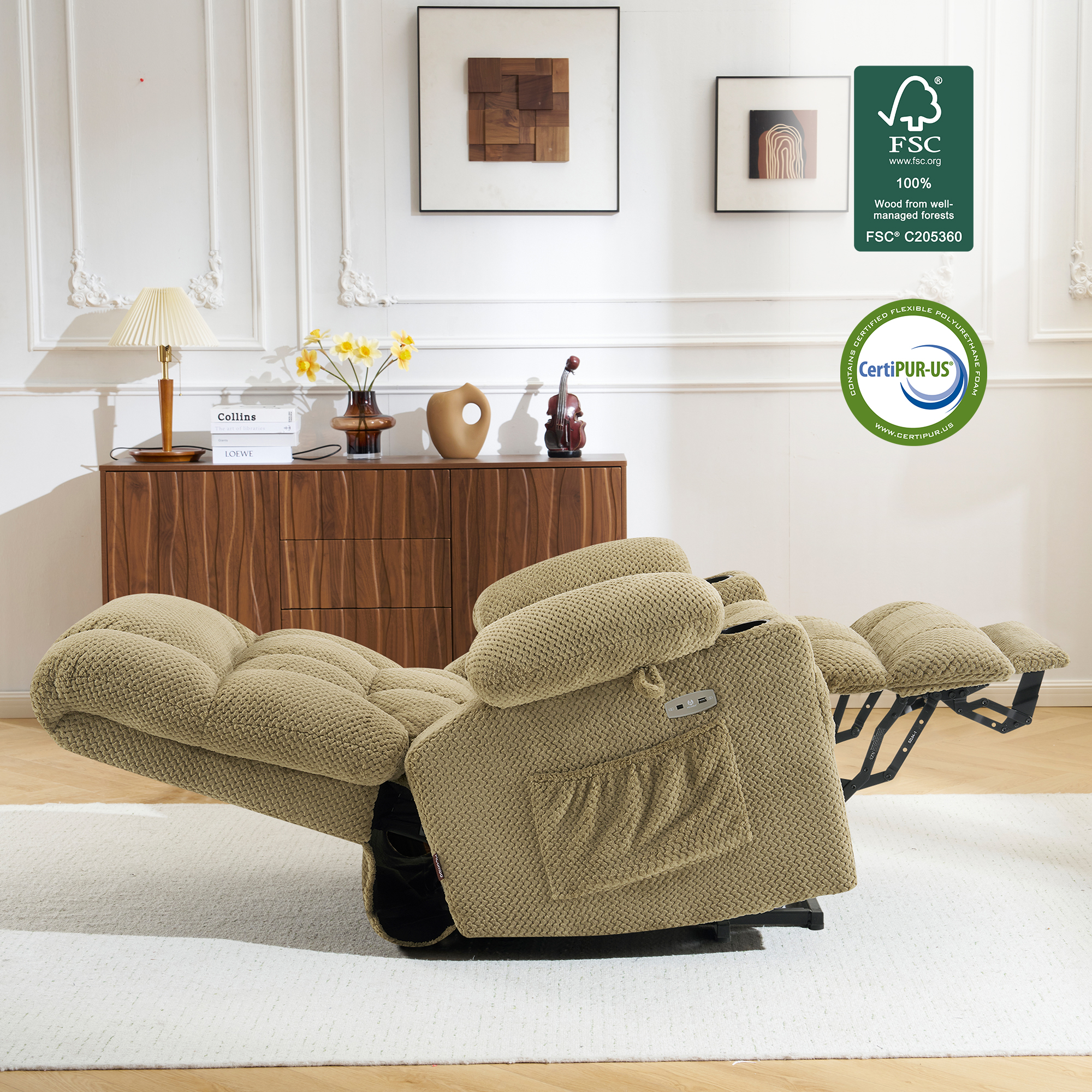 MCombo Large Lay Flat Dual Motor Power Lift Recliner for Big and Tall Elderly, Fabric(Beige)
