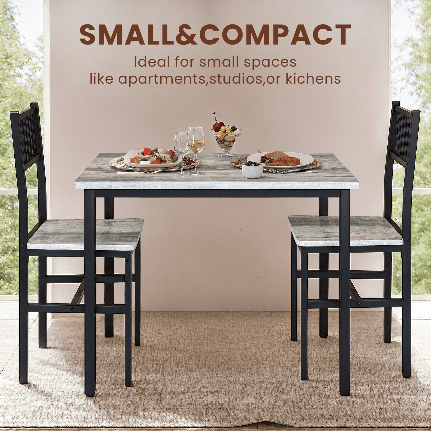 Lamerge 3 Piece Dining Table Set, Rustic Kitchen Table and Chairs Set, Thickened Solid Wood Carbon Plate, Breakfast Table Set for Small Spaces, Dining Room, Kitchen, Rustic Gray