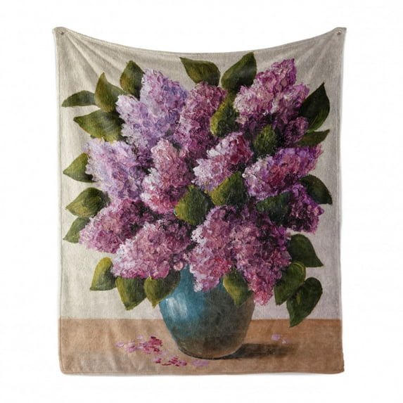 Flower Soft Flannel Fleece Throw Blanket, Oil Painting Artwork of a Spring Bouquet in a Vase Lilac Blossoms Seasonal Nature, Cozy Plush for Indoor and Outdoor Use, 70" x 90", Multicolor, by Ambesonne