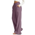 thumbnail image 5 of Cotton Linen Pants for Women High Waist Drawstring Ruffle Hem Wide Leg Pants Casual Vacation Trousers with Pockets, 5 of 7