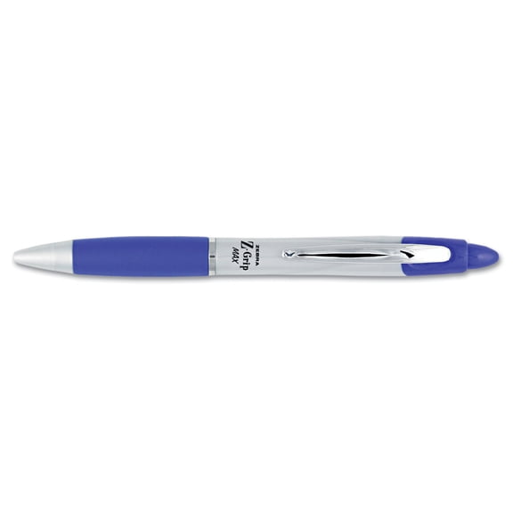 Zebra Z-Grip MAX Retractable Ballpoint Pen, Medium 1mm, Blue Ink, Silver Barrel, Dozen -ZEB22420