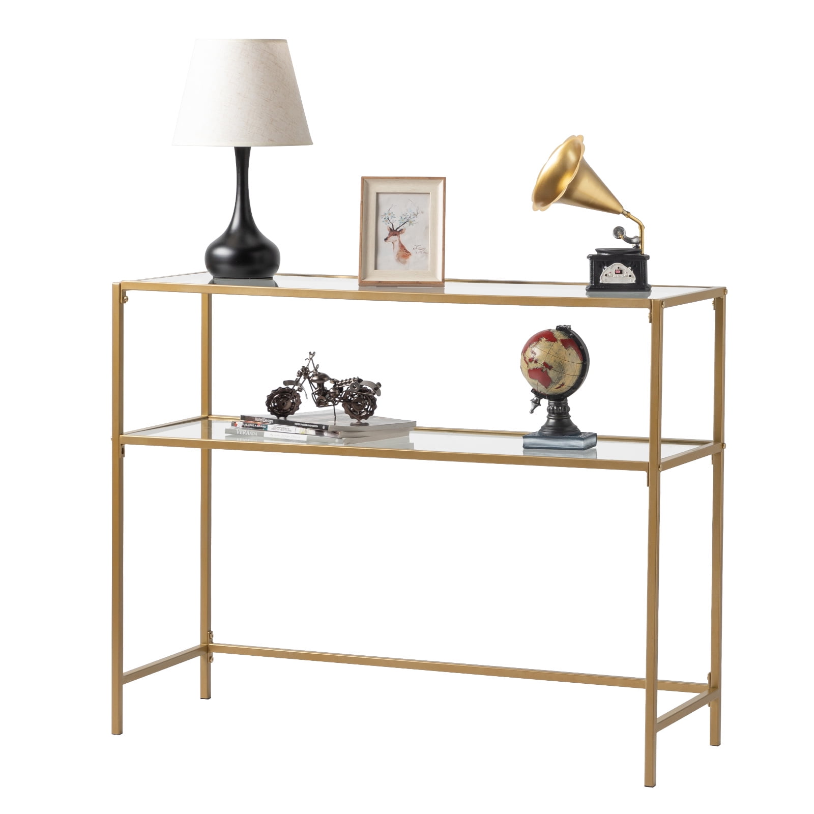 Ktaxon 2-Tier Glass Console Sofa Table, Modern Entryway Living Room Table with Tempered Glass Shelf Accent Table for Home Decor, Gold
