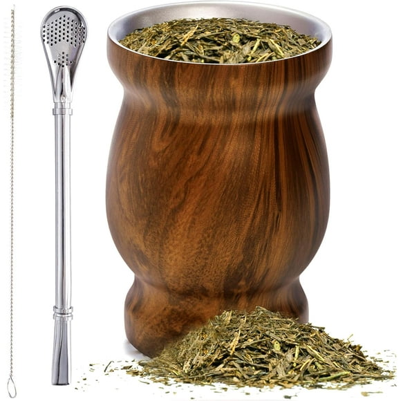 Yerba Mate Cup and Bombilla Kit, 8 oz / 230 ml Gourd Set, Double Walled 304 Stainless Steel Classic Cup with Straw and Cleaning Brush, Easy to Clean, Brown