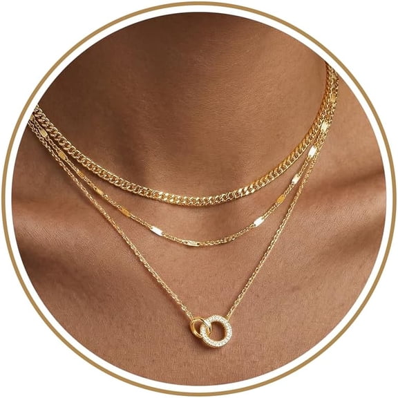 CUKIXA Layered Gold Necklaces for Women, 14K Gold Sterling Silver Plated Dainty Pendant Necklace Set Non Tarnish, Chunky Stackable Cuban Chain Choker, Trendy Birthstone Vacation Jewelry Gift