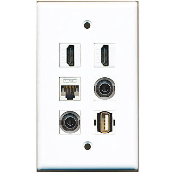 RiteAV - 2 HDMI 1 Port USB A-A 2 Port 3.5mm 1 Port Cat5e Ethernet White Wall Plate