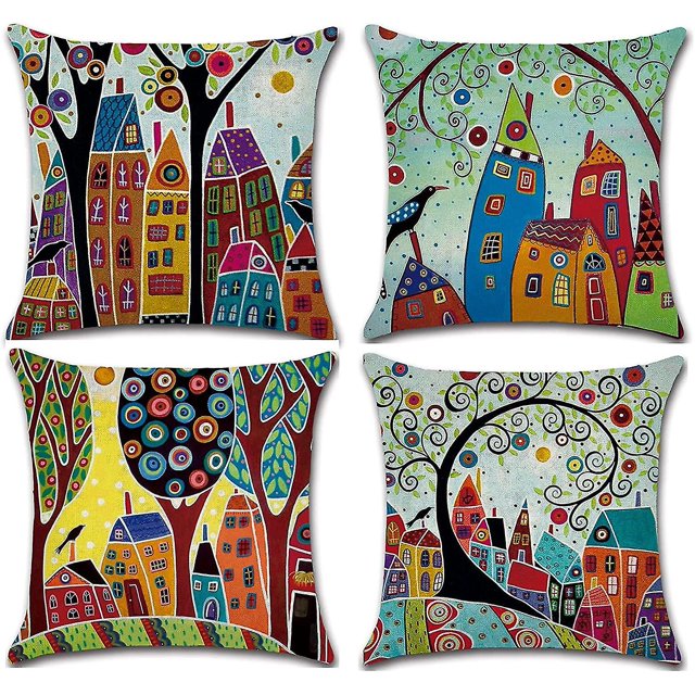 Fundas De Cojines Con Estampado De Árboles Decorativos, 45x45 Cm, Juego De 4, Regalo Con Patrón De Colores