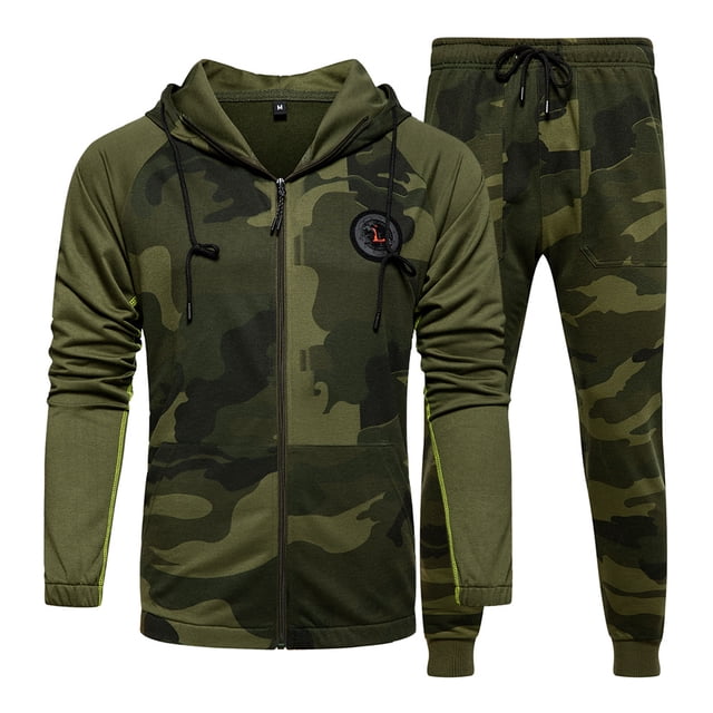 Conjunto deportivo y de ocio para hombre de talla grande de otoño e invierno, conjunto de dos piezas, conjunto de cárdigan de camuflaje con capucha empalmada para hombre