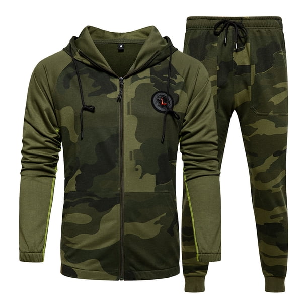 Conjunto deportivo y de ocio para hombre de talla grande de otoño e invierno, conjunto de dos piezas, conjunto de cárdigan de camuflaje con capucha empalmada para hombre