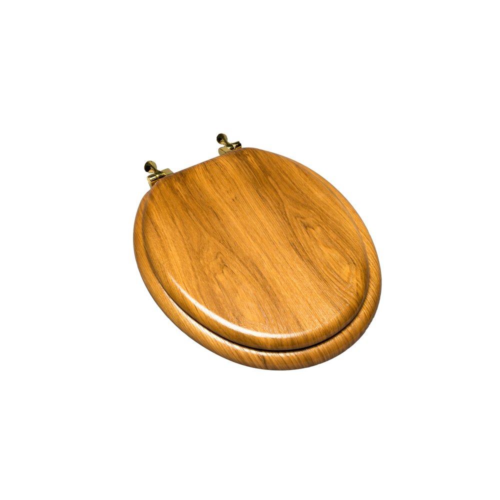 Light Oak Wood Decorative Finish Round Front Toilet Seat with single post Polished Brass Hinge