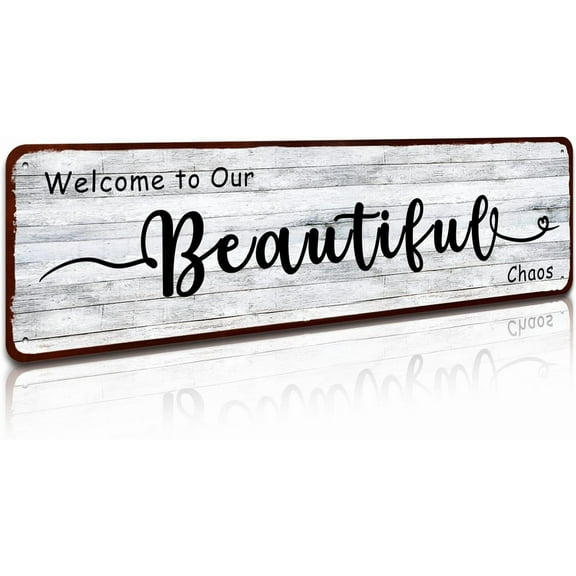 Funny Welcome Signs, Welcome to Our Beautiful Chaos Wall Art, Welcome Home Sign, Rustic Farmhouse Living Room Entryway Wall Decor Artwork, 4x16 Inch
