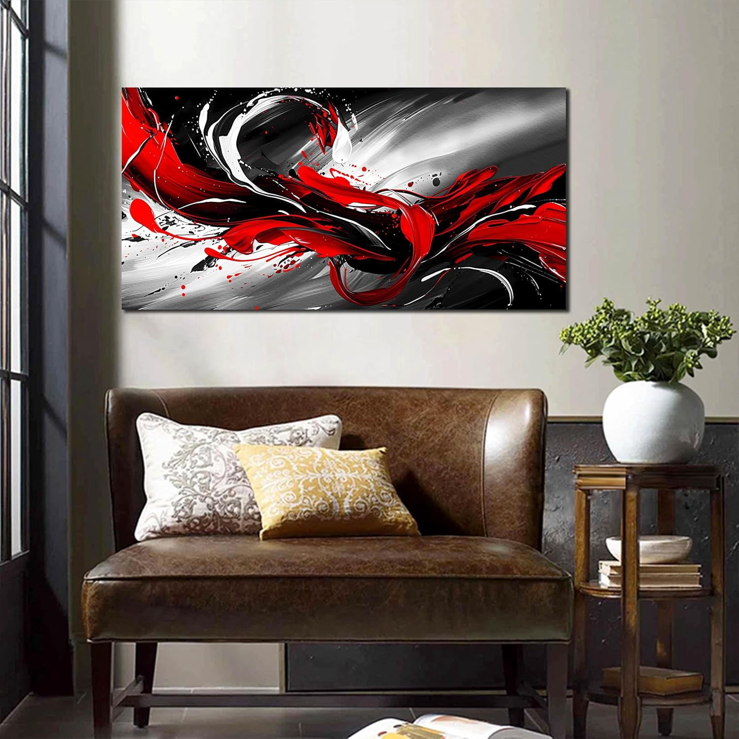 WFSposterBlack White and Red Abstract Print Picture Painting Large Canvas Wall Art for Living Room Bedroom Framed Canvas Wall Decor Modern Room Abstract Wall Decorations Artwork SizeReady to Hang