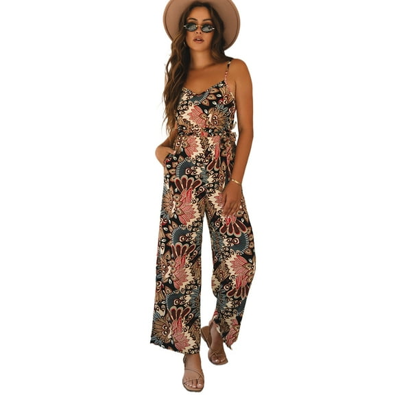 Women's Black Floral Print Belted Sleeveless Wide Leg Jumpsuit for Summer - [ZhiHiMeRi] | (US 12-14)L