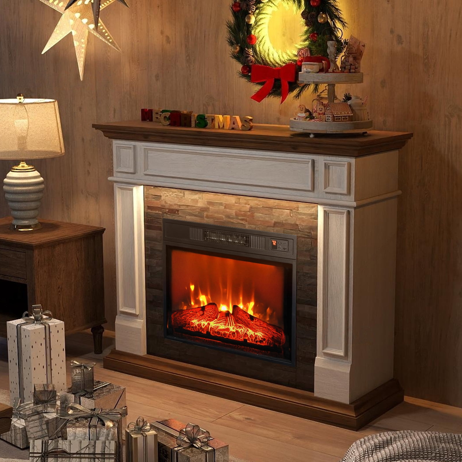Holliwill Electric Fireplace Mantel, 44" Freestanding Fireplace Heater with LED Lights, Infrared Quartz Heater, 1400W, White & Brown