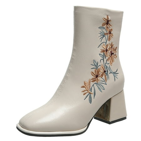 

Ladies Fashion Ethnic Embroidered Boots Square Toe Fleece Chunky High Heel Booties