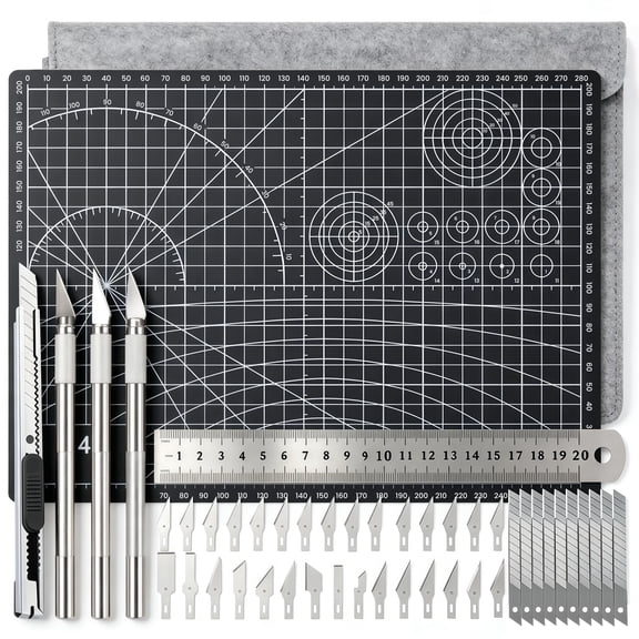 Craft Cutting Tools Set with A4 Self-Healing Cutting Mat,4 Pcs Craft Knife with 40 Pcs Blades,Metal Ruler& Felt Bag,Ideal for Scrapbooking, Model Building, Paper Crafting & Gift