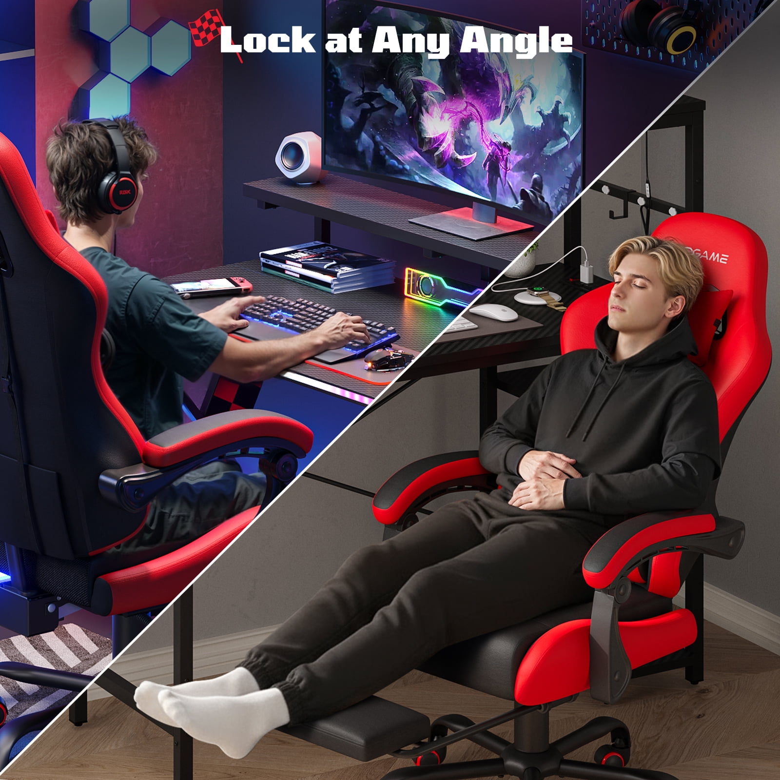 RSPGame Gaming Chair for Adults, PU Leather Office Chair with Lumbar Support and Retractable Footrest, Red Racing